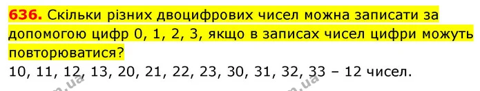 636. Скільки різних двоцифрових чисел можна записати за допомогою цифр 0, 1, 2, 3, якщо в записах чисел цифри можуть повторюватися? — ГДЗ Математика 5 клас Кравчук