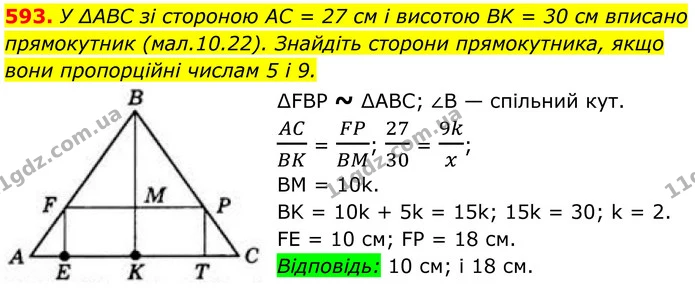 593. У ∆ABC зі стороною AC = 27 см і висотою BK = 30 см вписано прямокутник (мал.10.22). Знайдіть сторони прямокутника, якщо вони — ГДЗ Геометрія 8 клас Бевз