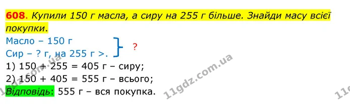 608. Купили 150 г масла, а сиру на 255 г більше. Знайди масу всієї покупки. — ГДЗ Математика 3 клас Бевз 1 частина