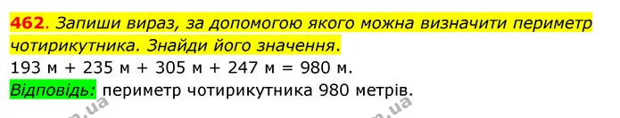 462. Запиши вираз, за допомогою якого можна визначити периметр чотирикутника. Знайди його значення. — ГДЗ Математика 3 клас Бевз 2 частина