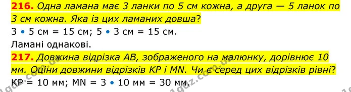 216. Одна ламана має 3 ланки по 5 см кожна, а друга — 5 ланок по 3 см кожна. Яка із цих ламаних довша? — ГДЗ Математика 5 клас Бевз