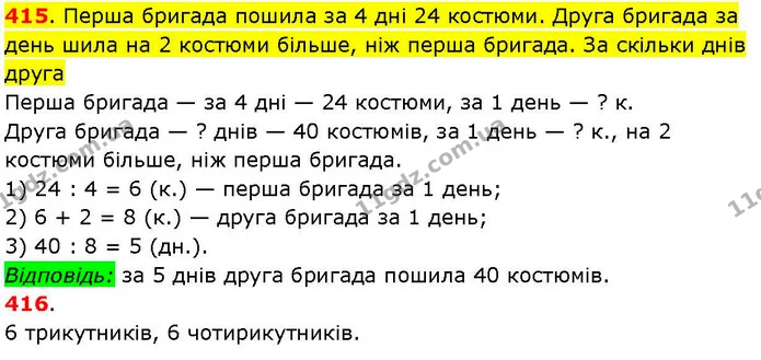 415. Перша бригада пошила за 4 дні 24 костюми. Друга бригада за день шила на 2 костюми більше, ніж перша бригада. За скільки днів друга — ГДЗ Математика 3 клас Козак 1-2 ч.