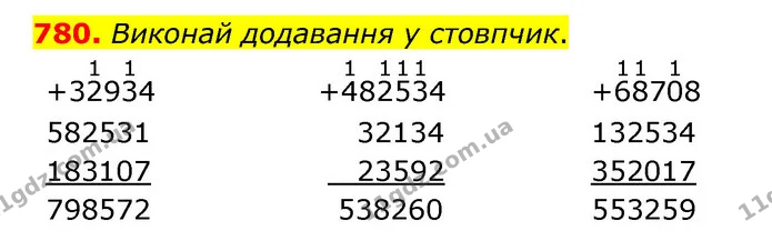 780. Виконай додавання у стовпчик. — ГДЗ Математика 4 клас Бевз 1 та 2 частини