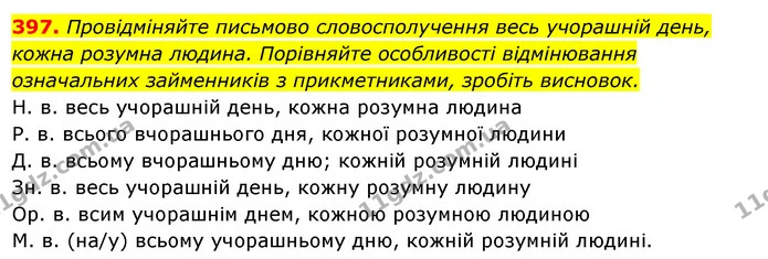 397. Провідміняйте письмово словосполучення весь учорашній день, кожна розумна людина. Порівняйте особливості відмінювання означальних — ГДЗ Українська мова 6 клас Ворон, Солопенко