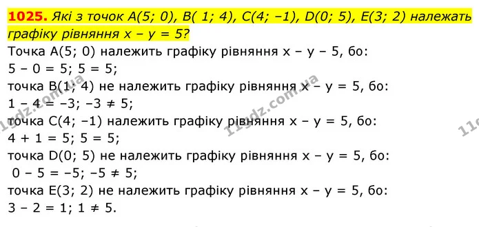 1025. Які з точок А(5; 0), В( 1; 4), С(4; –1), D(0; 5), Е(3; 2) належать — ГДЗ Алгебра 7 клас Істер 2020