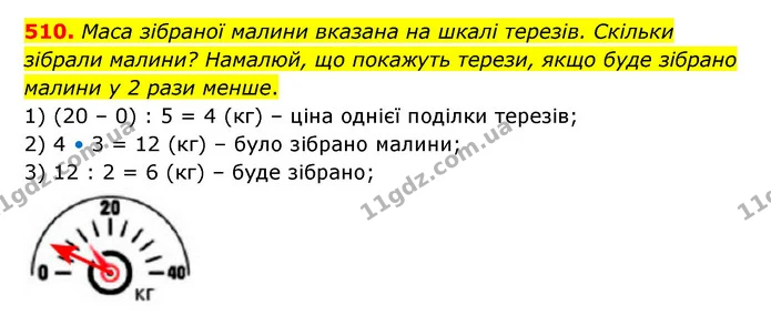 510. Маса зібраної малини вказана на шкалі терезів. Скільки зібрали малини? Намалюй, що покажуть терези, якщо буде зібрано малини у 2 — ГДЗ Математика 5 клас Бевз