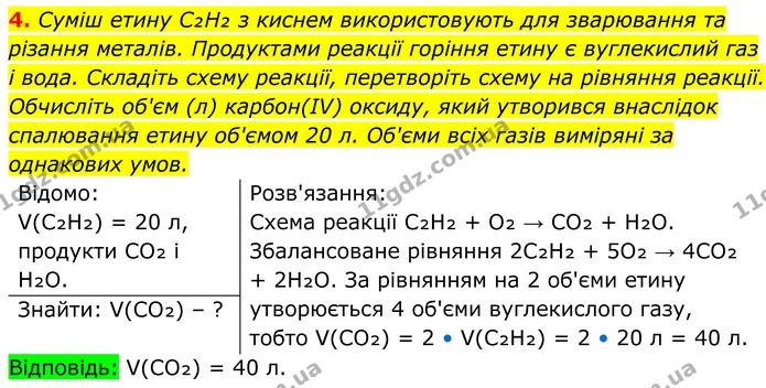 4. Суміш етину C₂H₂ з киснем використовують для зварювання та різання металів. Продуктами реакції горіння етину є вуглекислий газ і — ГДЗ Хімія 8 клас Мідак