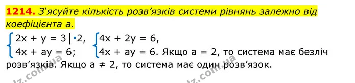 1214. З‘ясуйте кількість розв’язків системи рівнянь залежно від коефіцієнта а. — ГДЗ Алгебра 7 клас Істер 2020