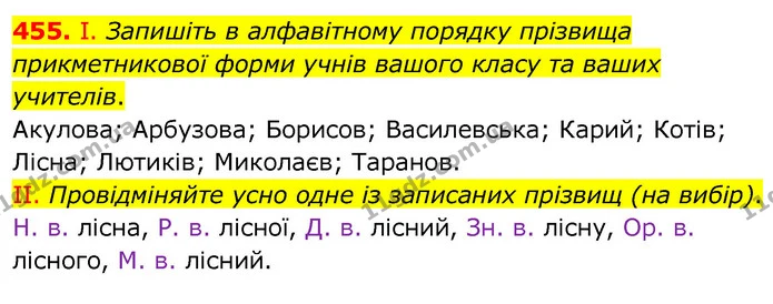 455. І. Запишіть в алфавітному порядку прізвища прикметникової форми учнів вашого класу та ваших учителів. — ГДЗ Українська мова 6 клас Заболотний 2020
