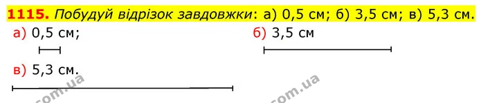 1115. Побудуй відрізок завдовжки: а) 0,5 см; б) 3,5 см; в) 5,3 см. — ГДЗ Математика 5 клас Бевз
