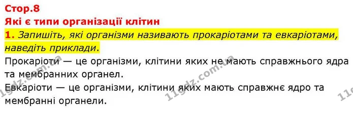 1. Запишіть, які організми називають прокаріотами та евкаріотами, наведіть приклади. — ГДЗ робочий зошит Біологія 7 клас Кулініч