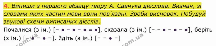 4. Випиши з першого абзацу твору А. Савчука дієслова. Визнач, зі словами яких частин мови вони пов'язані. Зроби висновок. Побудуй — ГДЗ Українська мова та читання 4 клас Остапенко 2 ч.