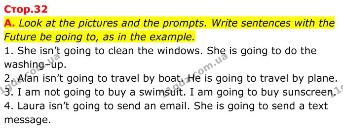 A. Look at the pictures and the prompts. Write sentences with the Future be going to, as in the example. — ГДЗ граматика Англійська мова 7 клас Мітчелл
