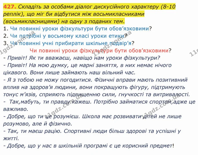 427. Складіть за особами діалог дискусійного характеру (8-10 реплік), що міг би відбутися між восьмикласниками (восьмикласницями) на — ГДЗ Українська мова 8 клас Заболотний 2021