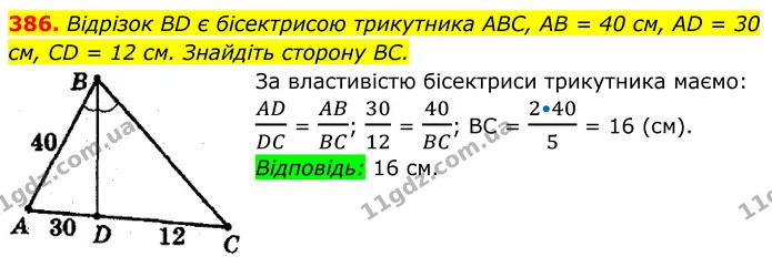 386. Відрізок BD є бісектрисою трикутника ABC, AB = 40 см, AD = 30 см, CD = 12 см. Знайдіть сторону BC. — ГДЗ Геометрія 8 клас Мерзляк