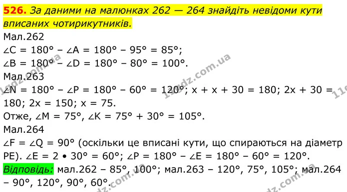 526. За даними на малюнках 262 — 264 знайдіть невідоми кути вписаних чотирикутників. — ГДЗ Геометрія 8 клас Бурда