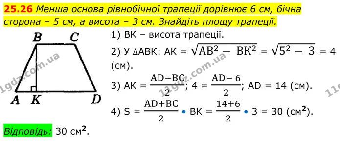 25.26 Менша основа рівнобічної трапеції дорівнює 6 см, бічна — ГДЗ Геометрія 8 клас Істер
