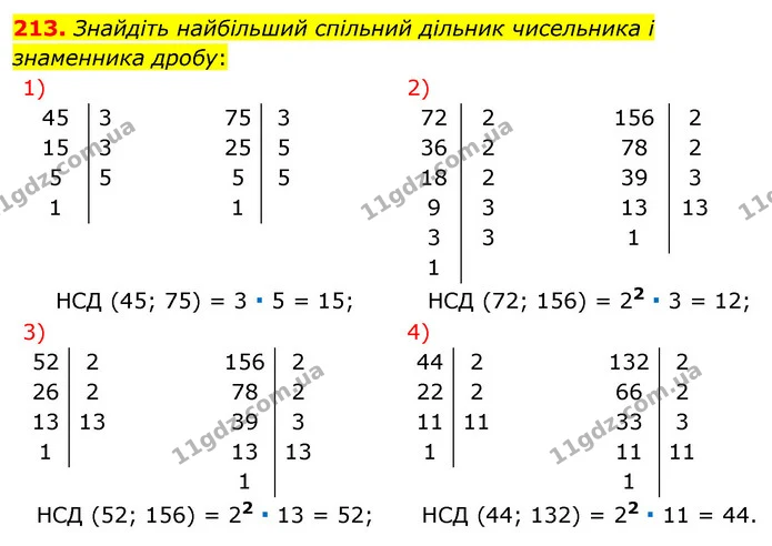 213. Знайдіть найбільший спільний дільник чисельника і знаменника дробу: — ГДЗ Математика 6 клас Тарасенкова 2023 1-2 ч.