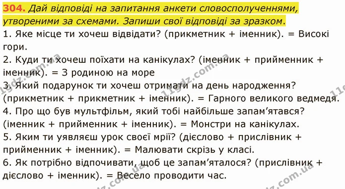 304. Дай відповіді на запитання анкети словосполученнями, утвореними за схемами. Запиши свої відповіді за зразком. — ГДЗ Українська мова 5 клас Онатій