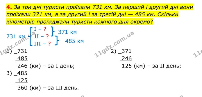 4. За три дні туристи проїхали 731 км. За перший і другий дні вони проїхали 371 км, а за другий і за третій дні — 485 км. Скільки — ГДЗ Математика 3 клас Логачевська 1-2 ч.