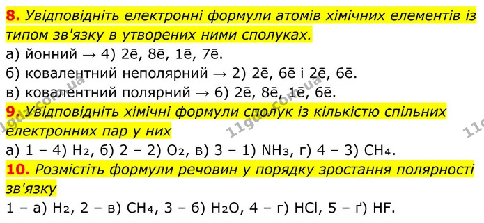8. Увідповідніть електронні формули атомів хімічних елементів із типом зв'язку в утворених ними сполуках. — ГДЗ Хімія 8 клас Мідак