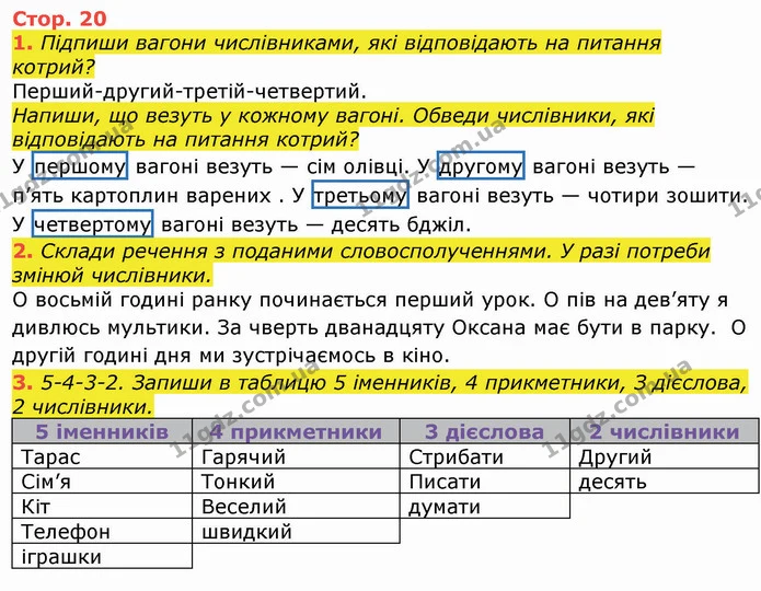 1. Підпиши вагони числівниками, які відповідають на питання котрий? — ГДЗ Робочий зошит Українська мова та читання 3 клас Большакова