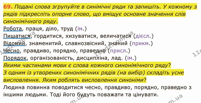 69. Подані слова згрупуйте в синімічні ряди та запишіть. У кожному з рядів підкресліть опорне слово, що вміщує основне значення слів — ГДЗ Українська мова 5 клас Глазова 2022