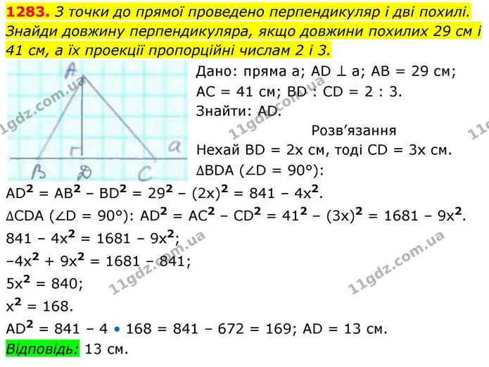 1283. З точки до прямої проведено перпендикуляр і дві похилі. Знайди довжину перпендикуляра, якщо довжини похилих 29 см і — ГДЗ Геометрія 8 клас Бевз