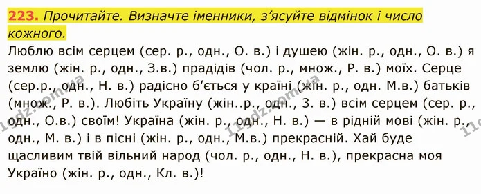 223. Прочитайте. Визначте іменники, з’ясуйте відмінок і число кожного. — ГДЗ Українська мова 6 клас Глазова