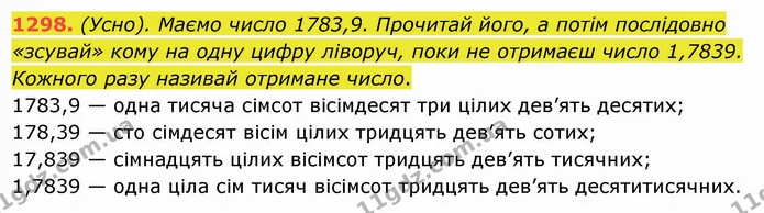 1298. (Усно). Маємо число 1783,9. Прочитай його, а потім послідовно «зсувай» кому на одну цифру ліворуч, поки не отримаєш число 1,7839 — ГДЗ Математика 5 клас Істер 2022