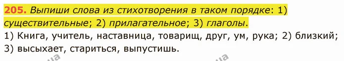 205. Выпиши слова из стихотворения в таком порядке: 1) существительные; 2) прилагательное; 3) глаголы. — ГДЗ Русский язык и чтение 3 класс Лапшина