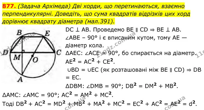 877. (Задача Архімеда) Дві хорди, що перетинаються, взаємно перпендикулярні. Доведіть, що сума квадратів відрізків цих хорд дорівнює — ГДЗ Геометрія 8 клас Бурда