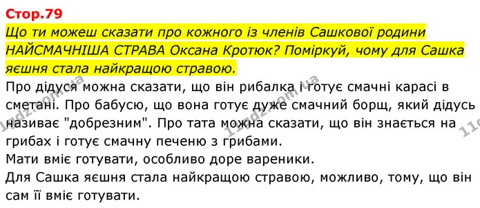 Що ти можеш сказати про кожного із членів Сашкової родини НАЙСМАЧНІША СТРАВА Оксана Кротюк? Поміркуй, чому для Сашка яєшня стала — ГДЗ Українська мова та читання 4 клас Савчук