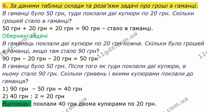 6. За даними таблиці склади та розв’яжи задачі про гроші в гаманці. — ГДЗ Математика 3 клас Логачевська 1-2 ч.