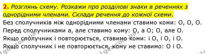 2. Розглянь схему. Розкажи про розділові знаки в реченнях з однорідними членами. Склади речення до кожної схеми. — ГДЗ Українська мова та читання 4 клас Большакова