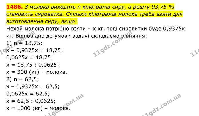 1486. З молока виходить n кілограмів сиру, а решту 93,75 % становить сироватка. Скільки кілограмів молока треба взяти для виготовлення — ГДЗ Математика 6 клас Тарасенкова 2023 1-2 ч.