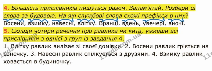 4. Більшість прислівників пишуться разом. Запам'ятай. Розбери ці слова за будовою. На які службові слова схожі префікси в них? — ГДЗ Українська мова та читання 4 клас Остапенко 2 ч.