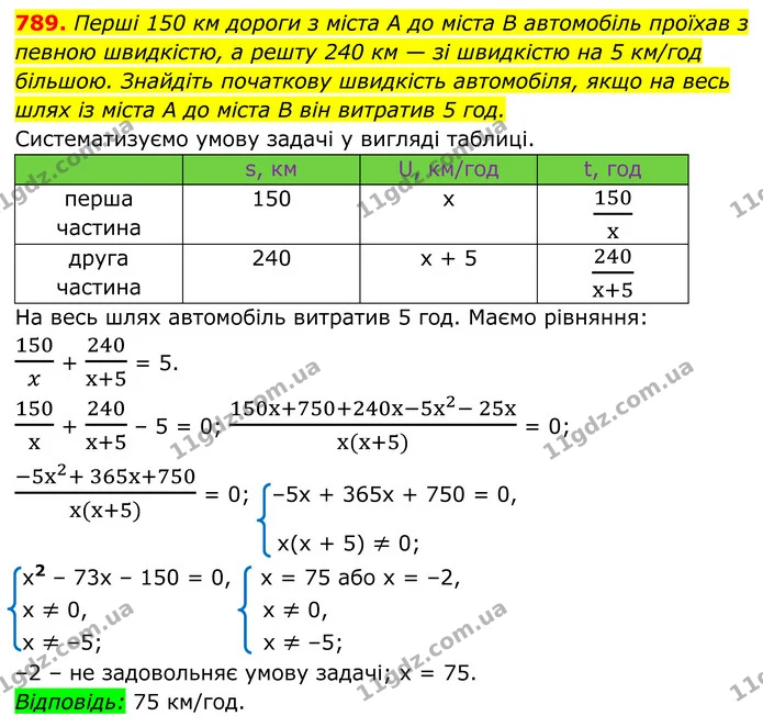 789. Перші 150 км дороги з міста A до міста B автомобіль проїхав з певною швидкістю, а решту 240 км — зі швидкістю на 5 км/год більшою — ГДЗ Алгебра 8 клас Мерзляк