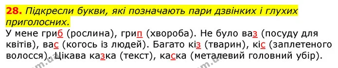 28. Підкресли букви, які позначають пари дзвінких і глухих приголосних. — ГДЗ Українська мова та читання 3 клас Захарійчук 2020