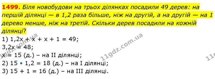 1499. Біля новобудови на трьох ділянках посадили 49 дерев: на першій ділянці — в 1,2 раза більше, ніж на другій, а на другій — на 1 — ГДЗ Математика 6 клас Кравчук 2023