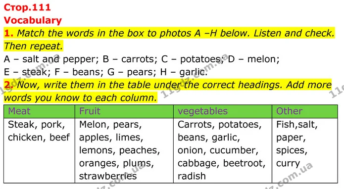 1. Match the words in the box to photos A –H below. Listen and check. Then repeat. — ГДЗ Англійська мова 7 клас Коста