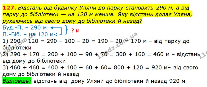 127. Відстань від будинку Уляни до парку становить 290 м, а від парку до бібліотеки — на 120 м менша. Яку відстань долає Уляна — ГДЗ Математика 3 клас Листопад 1-2 ч.