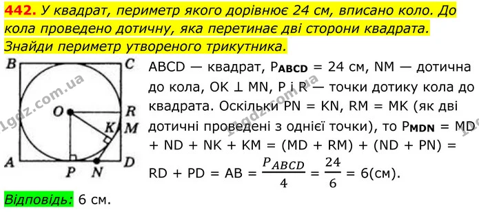 442. У квадрат, периметр якого дорівнює 24 см, вписано коло. До кола проведено дотичну, яка перетинає дві сторони квадрата. Знайди — ГДЗ Геометрія 8 клас Бевз