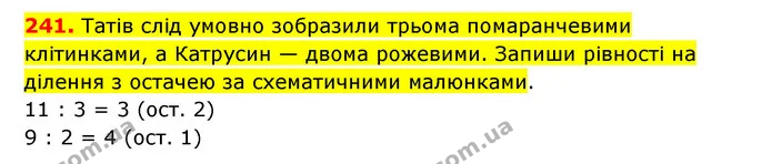 241. Татів слід умовно зобразили трьома помаранчевими клітинками, а Катрусин — двома рожевими. Запиши рівності на ділення з остачею за — ГДЗ Математика 3 клас Будна 1-2 ч.
