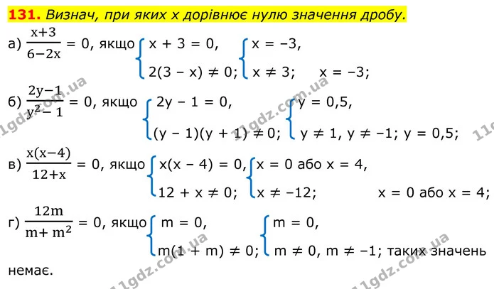 131. Визнач, при яких х дорівнює нулю значення дробу. — ГДЗ Алгебра 8 клас Бевз