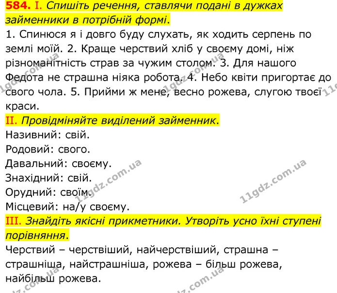 584. І. Спишіть речення, ставлячи подані в дужках займенники в потрібній формі. — ГДЗ Українська мова 6 клас Заболотний 2020