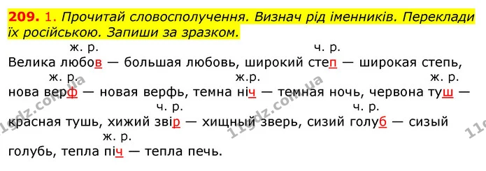 209. 1. Прочитай словосполучення. Визнач рід іменників. Переклади їх російською. Запиши за зразком. — ГДЗ Українська мова та читання 3 клас Коваленко (1 частина)