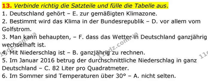 13. Verbinde richtig die Satzteile und fülle die Tabelle aus. — ГДЗ робочий зошит Німецька мова 8 клас Басай