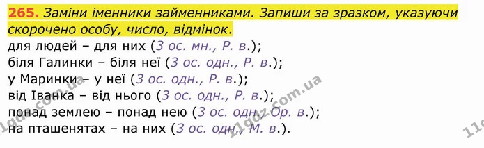 265. Заміни іменники займенниками. Запиши за зразком, указуючи скорочено особу, число, відмінок. — ГДЗ Українська мова та читання 4 клас Кравцова