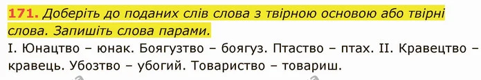171. Доберіть до поданих слів слова з твірною основою або твірні слова. Запишіть слова парами. — ГДЗ Українська мова 6 клас Глазова